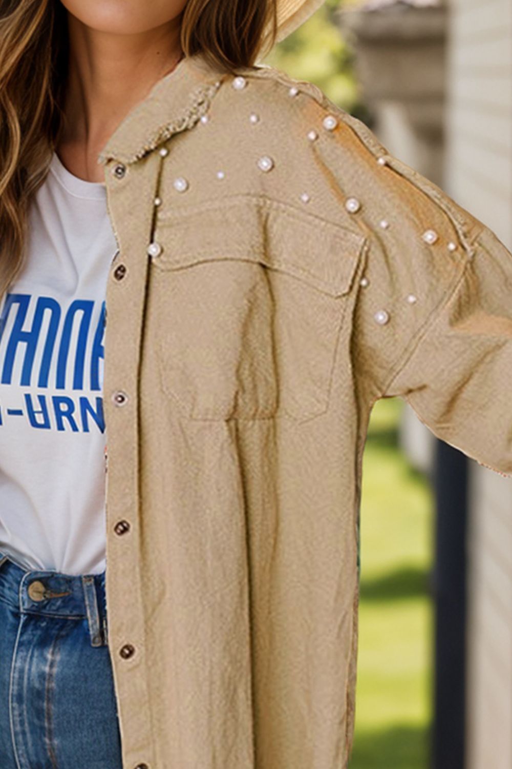 Raw Hem Peal Trim Dropped Shoulder Denim Jacket Trandify Deal