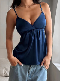 Navy V-neck cami top for women, soft stretch summer tank, slim-fit spaghetti strap blouse, casual and trendy fashion