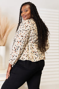 Honey Printed Tied Plunge Peplum Blouse Trandify deal