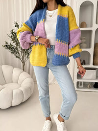 Color Block Open Front Cardigan - Basic Long Sleeve Polyester Top