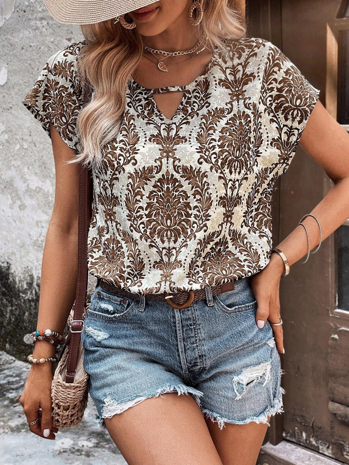 Printed Short Sleeve Blouse Trandify deal