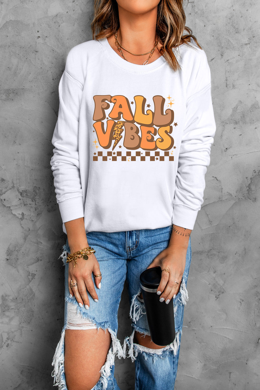 Letter Graphic Round Neck Long Sleeve Sweatshirt Trandify Deal