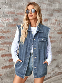 Raw Hem Sleeveless Button Up Denim Jacket Trandify deal