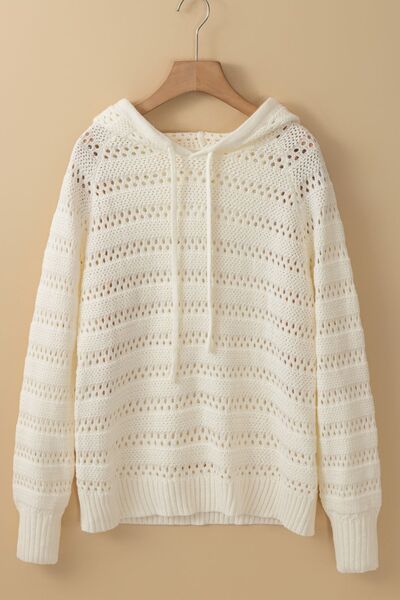 Women's lacy openwork knit hoodie with drawstring hood long sleeve sweater casual boho chic top for fall layering