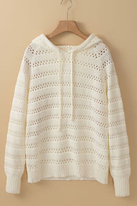 Women's lacy openwork knit hoodie with drawstring hood long sleeve sweater casual boho chic top for fall layering