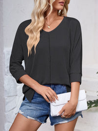 Lovelet Textured Round Neck Three-Quarter Sleeve Blouse Trandify deal