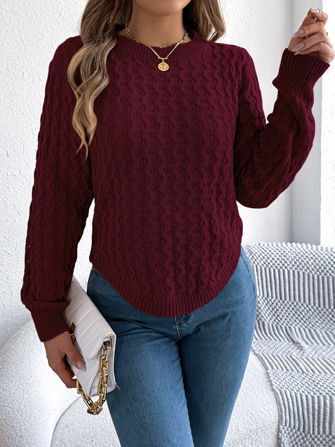 Asymmetric Hem Round Neck Long Sleeve Sweater Trandify Deal