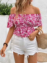 Perfee Peplum Printed Off-Shoulder Short Sleeve Blouse Trandify deal