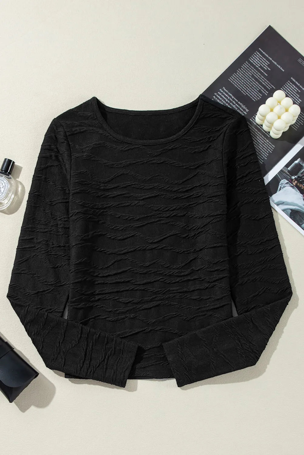 Textured Round Neck Long Sleeve Blouse - Trandify Deal