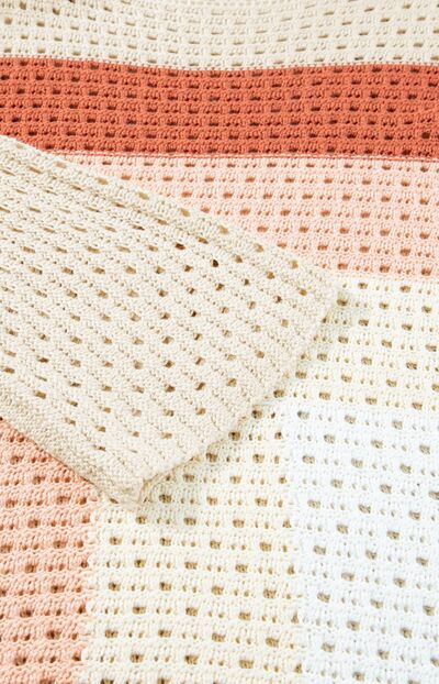 women's color block openwork knit sweater long sleeve casual top