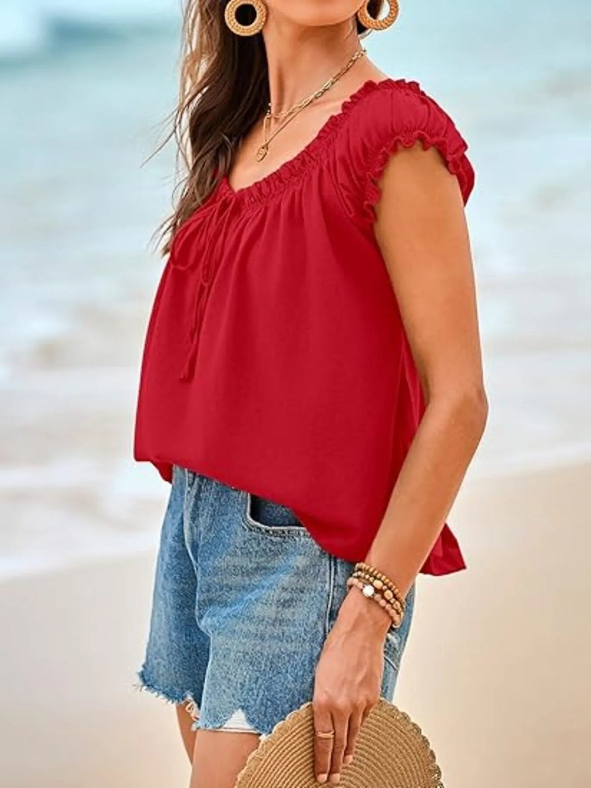 Women’s Tie-Front Smocked Blouse in Red – Boho Chic Ruffled Sleeve Top for Summer