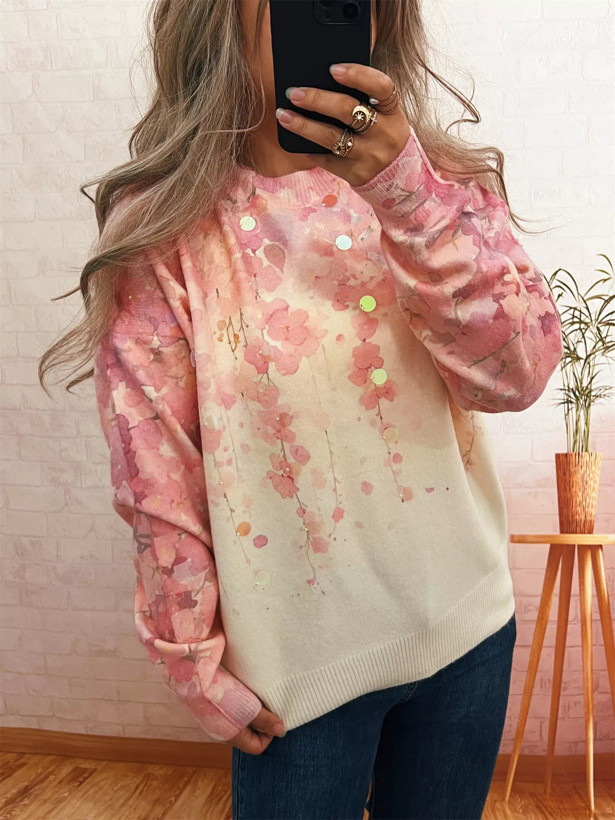 Women's Sequin Crewneck Sweater - Long Sleeve Party Wear
