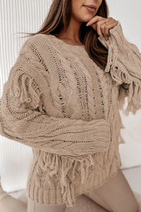Cable Knit Fringe Round Neck Long Sleeve Sweater Trandify Deal