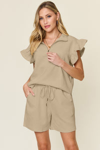 Double Take Full Size Texture Flounce Sleeve Top and Drawstring Shorts Set - Trandify Deal