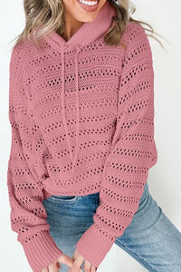 Women's lacy openwork knit hoodie with drawstring hood long sleeve sweater casual boho chic top for fall layering