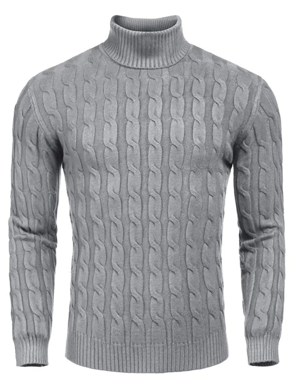Men's Cable Knit Turtleneck Sweater worn by a model in Gray