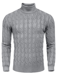 Men's Cable Knit Turtleneck Sweater worn by a model in Gray
