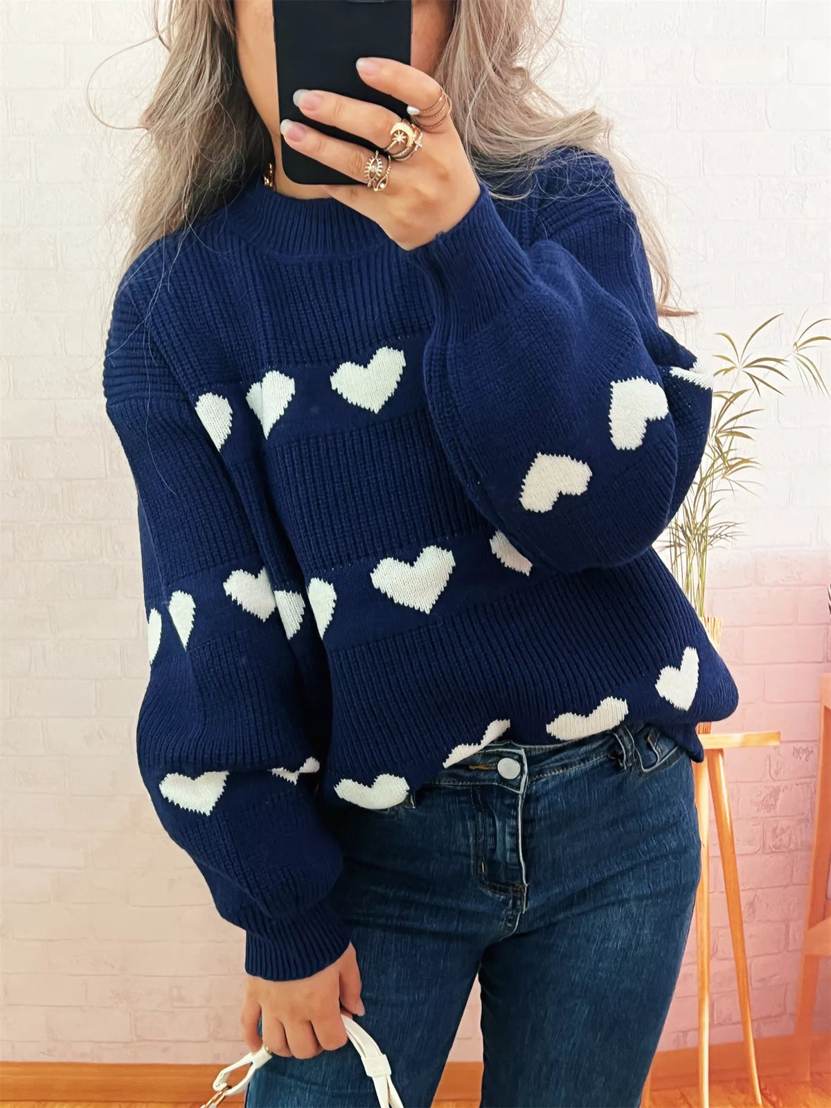Women's Heart Pattern Sweater - Cute Dropped Shoulder Pullover