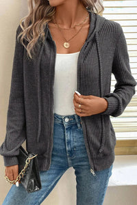 Drawstring Zip Up Long  Sleeve Hooded Jacket Trandify Deal