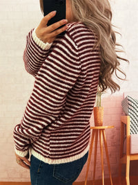 Women's Striped Button Sweater - Long Sleeve Knit Top
