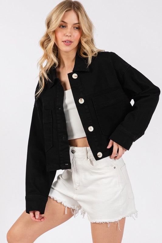 Stylish Bytos Button Down Cropped Denim Jacket with patch pockets, perfect for layering in office-to-evening transitional outfits.