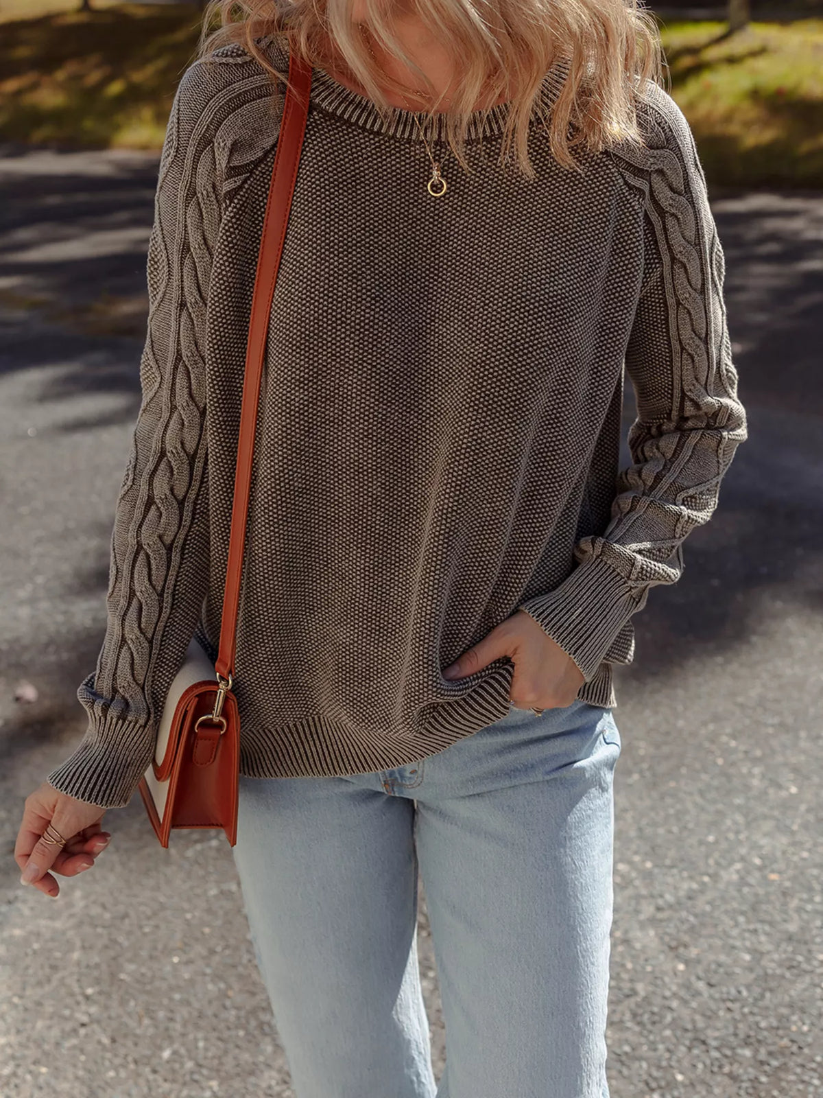 Women's beige cable knit cotton sweater casual crewneck pullover