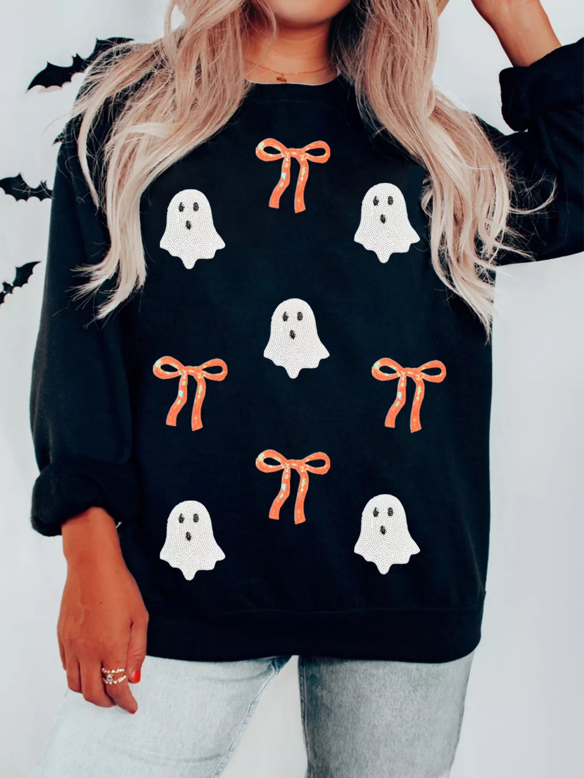 Spooky Halloween Ghost Sequin Sweatshirt for Women, Cozy Party Top