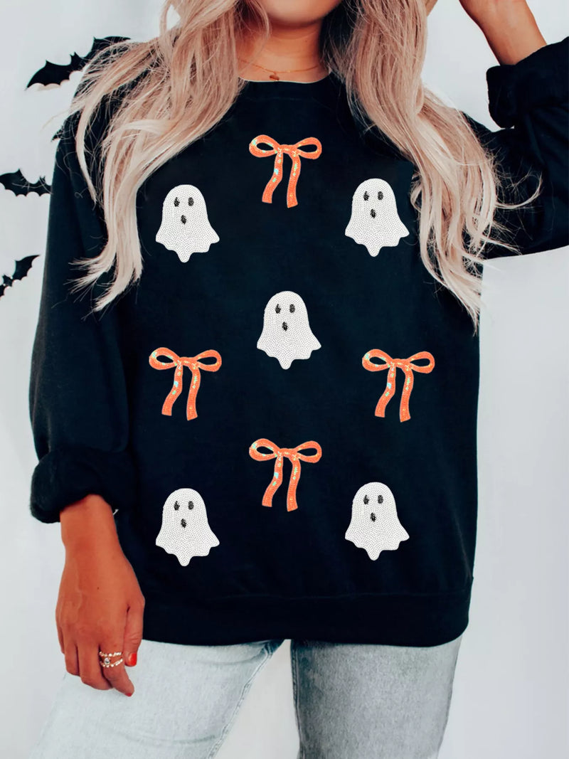 Spooky Halloween Ghost Sequin Sweatshirt for Women, Cozy Party Top