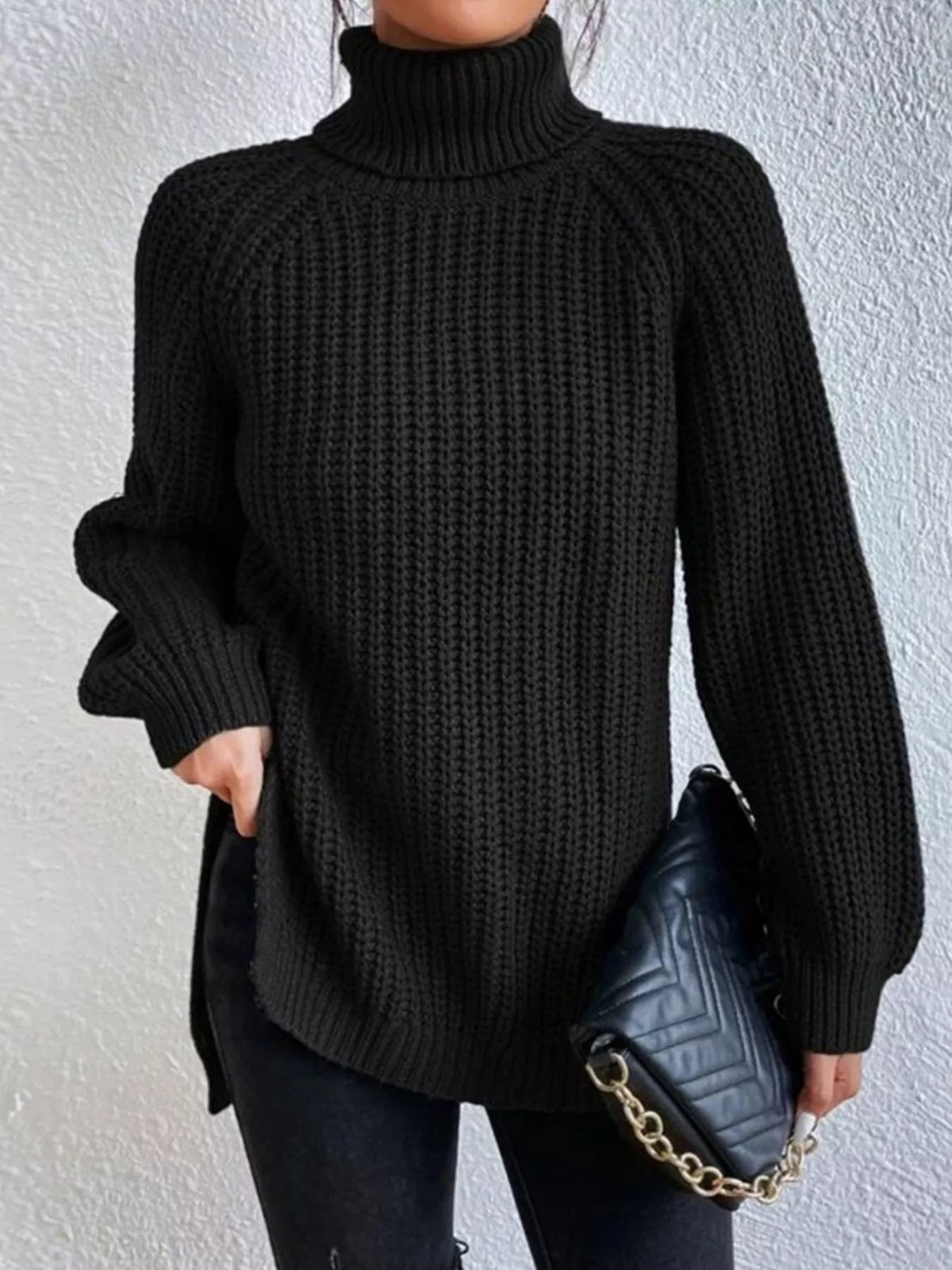 Plus Size Turtleneck Sweater - Ribbed Long Sleeve Top