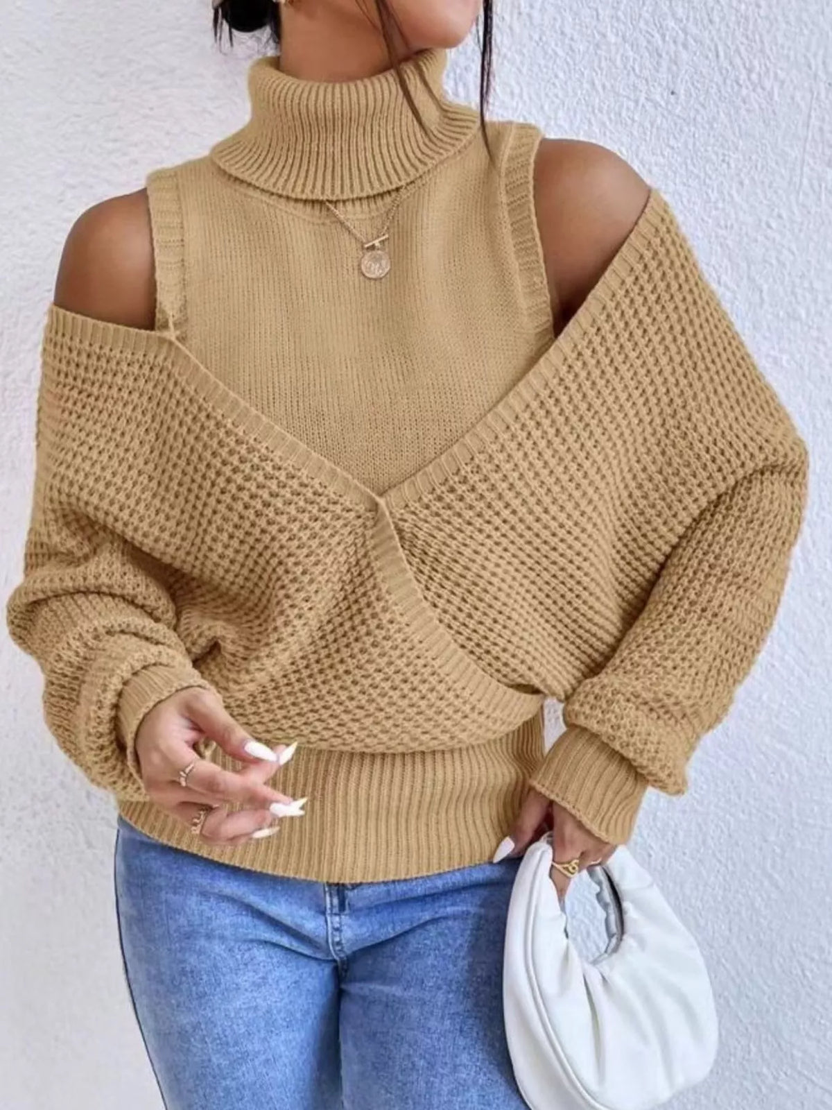 Oversized Cold Shoulder Sweater in Brown knit worn with denim jeans