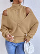 Oversized Cold Shoulder Sweater in Brown knit worn with denim jeans