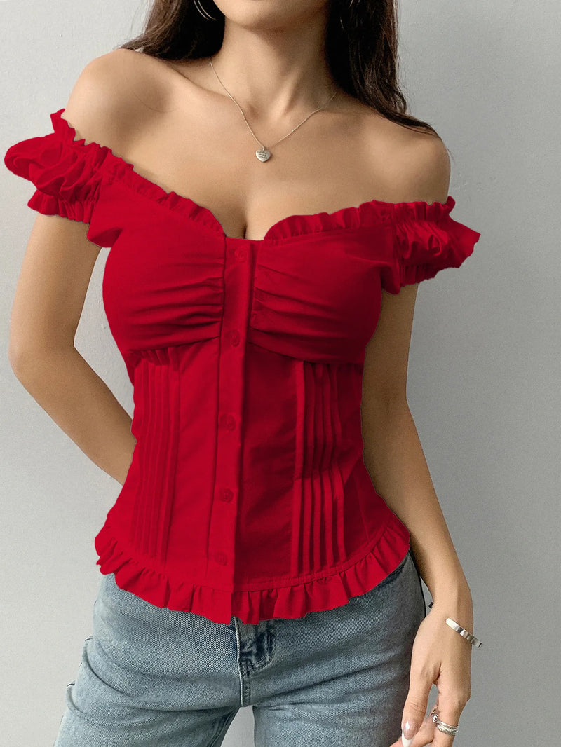 Women’s Frill Ruched Cap Sleeve Blouse – Trendy 2025 Tops for Summer | Free Shipping