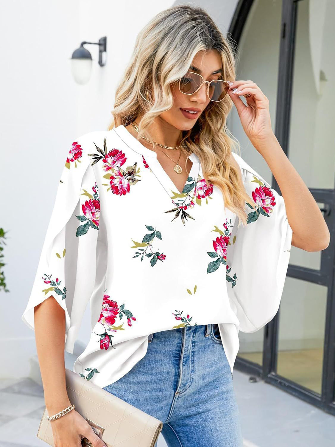 Printed Notched Half Sleeve Blouse Trandify Deal