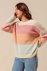 Color Block Waffle Knit Sweater - Women's Long Sleeve Top