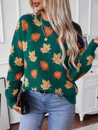 Maple Leaf Round Neck Long Sleeve Sweater Trandify Deal