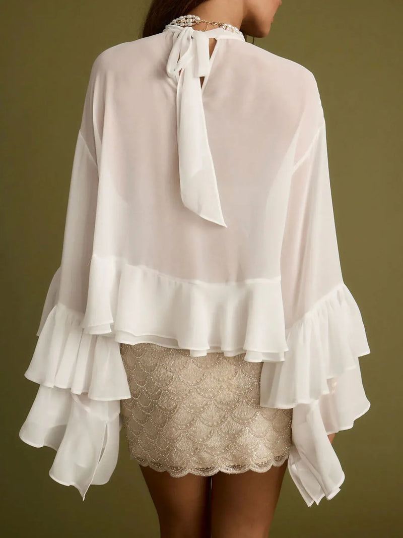 Women's Ruffle Bell Sleeve Blouse – Trendy Flowy Top for 2025