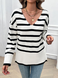 Devine Striped V-Neck Long Sleeve Knit Top Trandify Deal