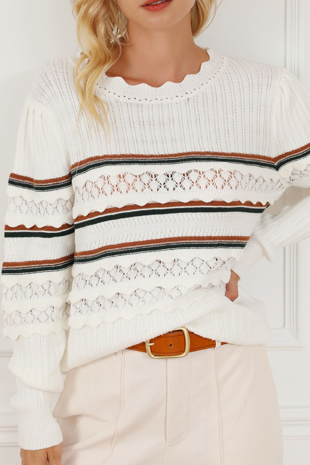 Striped Hollow Out Round Neck Long Sleeve Sweater Trandify Deal