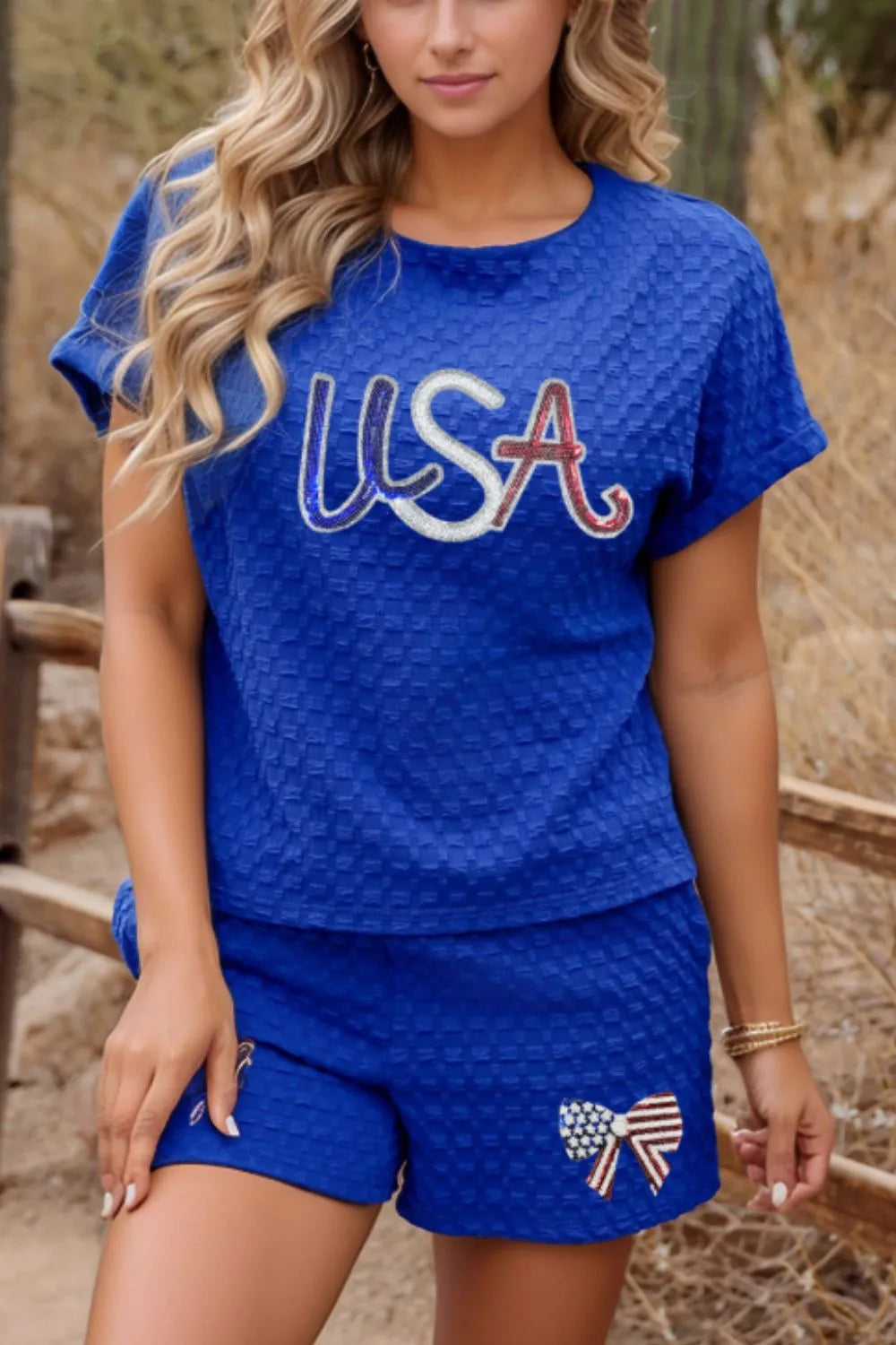 Sequined Top and Shorts Set with USA flag design and bowknot shorts detail, party wear.