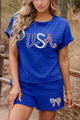 Sequined Top and Shorts Set with USA flag design and bowknot shorts detail, party wear.
