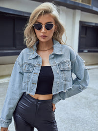 Women’s Light Blue Distressed Cropped Denim Jacket with Raw Hem – Vintage Boho Fashion