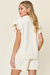 Double Take Full Size Texture Flounce Sleeve Top and Drawstring Shorts Set - Trandify Deal