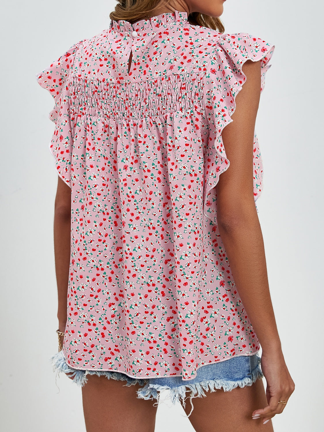 Ruffled Ditsy Floral Mock Neck Cap Sleeve Blouse Trandify deal