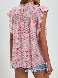 Ruffled Ditsy Floral Mock Neck Cap Sleeve Blouse Trandify deal