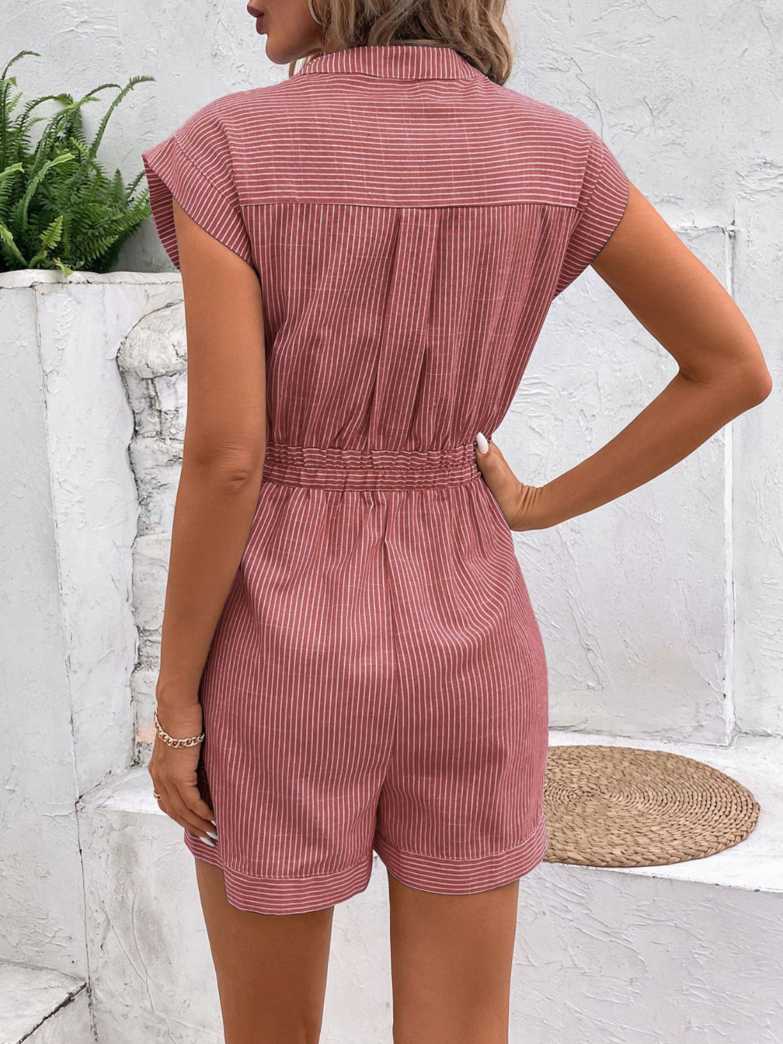Striped Notched Tie Waist Romper Trandify deal
