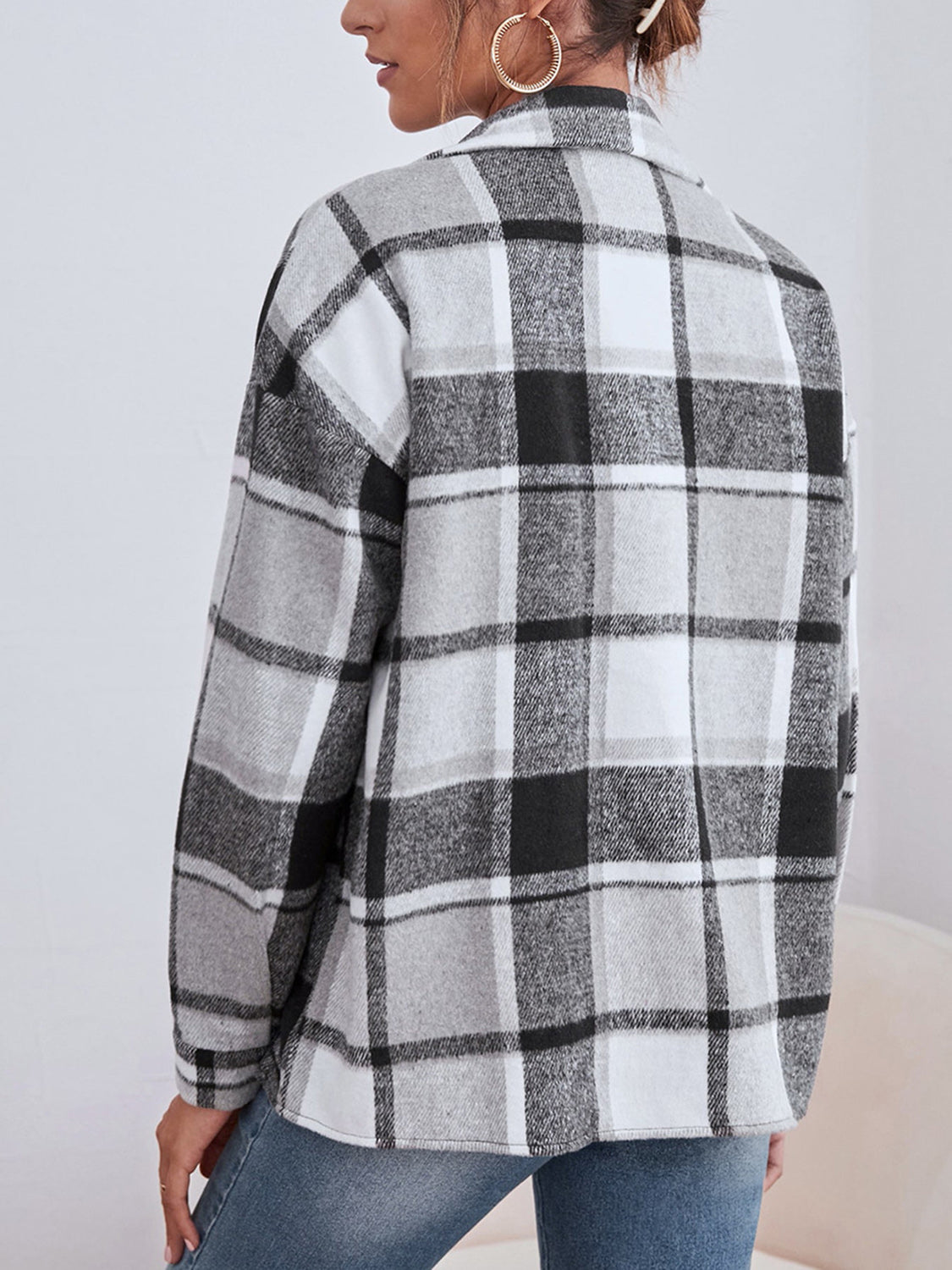 Plaid Collared Neck Button Down Jacket Trandify Deal