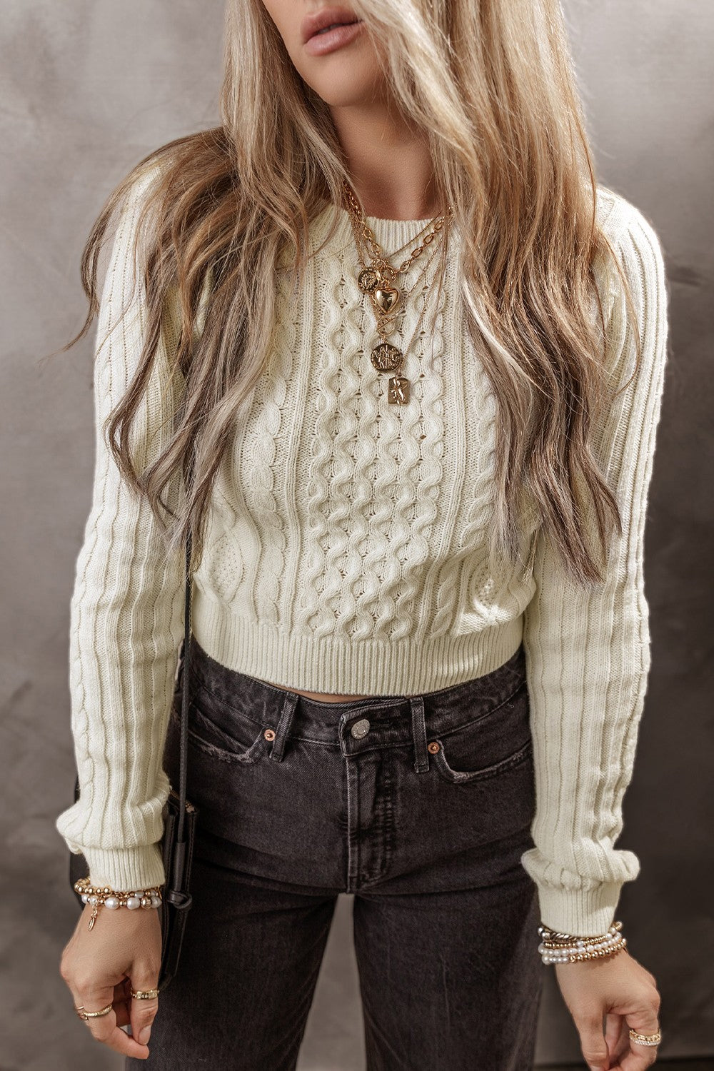 Cable-Knit Round Neck Long Sleeve Sweater Trandify Deal