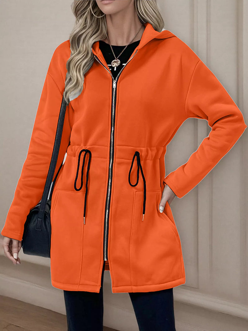 Women's lightweight zip up hoodie jacket in Orange with front pockets.