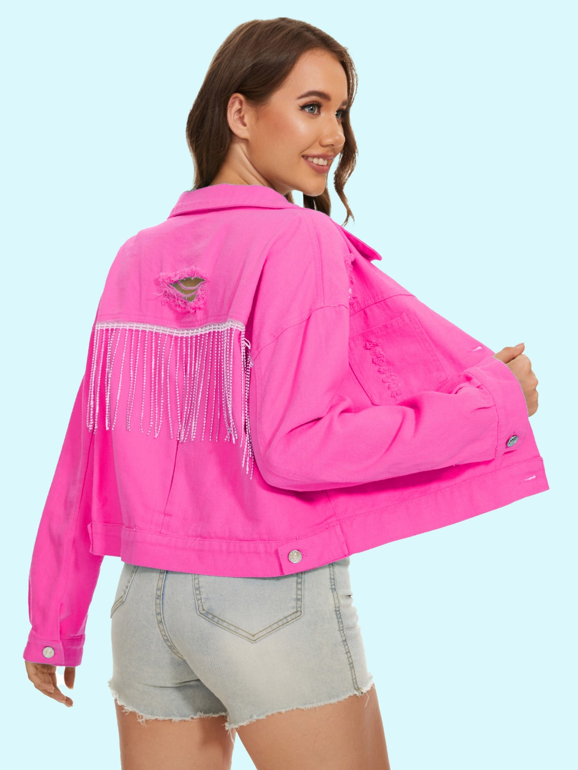 Distressed Distressed Button Up Denim Jacket Trandify deal