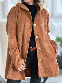 Plus Size Corduroy Shacket - Hooded Ribbed Jacket